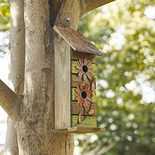 Glitzhome Bird Houses for Outside, 14.45" H Wooden Garden Hanging Bird House Two-Tiered Distressed with Flowers Decorative Birdhouse for Outdoors - color: 14.45 Inch/Green