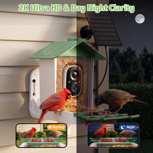 Bird Feeder with Camera, 2K HD Smart Birds Feeder with Solar Panel, AI Bird-Recognition, Instant Motion Alerts, Auto Capture BirdVideos, Outdoor Birdhouse Feeder Gift for Bird Lovers - color: Green