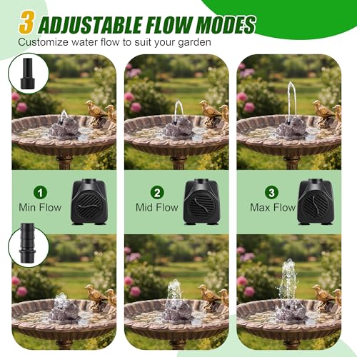 All Weather Electric Bird Bath Fountain, 8W Water Pump Resin Granite Rock | 2 Nozzles and 3 Adjustable Flow Modes, IPX8 Waterproof Outdoor Fountain Pump for Bird, Birdbath, Fish Tank, Ponds
