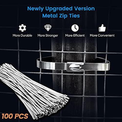 Metal Zip Ties Heavy Duty 11.8 Inch 304 Stainless Steel Cable Tie | 100 Pcs All-Weather Fastener Straps for Chain Link Fence, Exhaust Wrap & Outdoor Wire Mesh