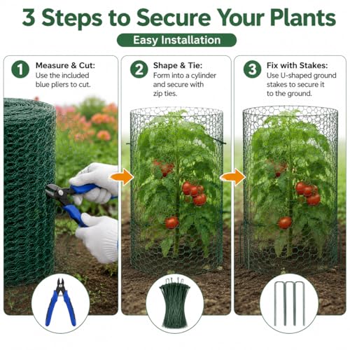 Plant Protectors from Animals, 0.85mm Free-Cut Green Chicken Wire Mesh, PVC Coated Tree Trunk Guard & Garden Fence for Outdoor Plants with Zip Ties, Stakes, Pliers, Gloves (49.2Ft*16In(16x 590 Inch)) - size: 49.2Ft*16In(16x 590 Inch)