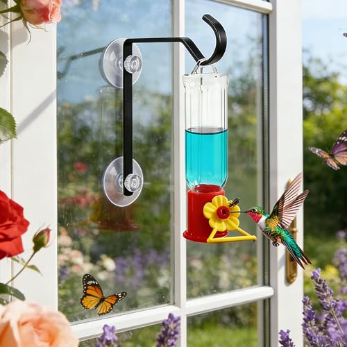 2 Pack Window Hummingbird Feeder with Hooks, 2 Mini 2.2oz Transparent Plastic Flower Feeders, Heavy-Duty Metal Suction Cup Hangers, Dual Installation for Window, Glass & Wall - color: 2Pcs-Bule