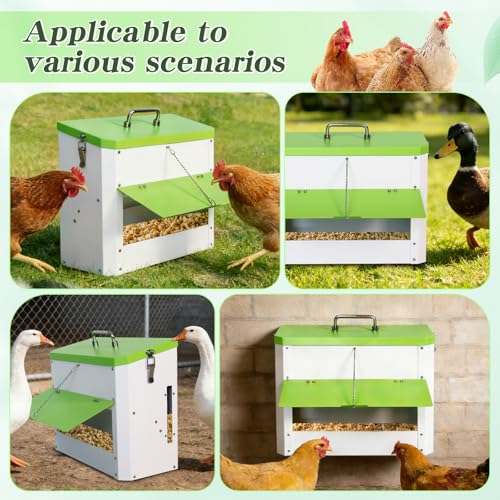 Automatic Chicken Feeder 22lb Wall Mounted Hanging Poultry Feeding Trough | stainless steel metal Hen Rooster Duck Lid Gravity Goose Coop heavy duty feed bucket chick food fence station outdoor