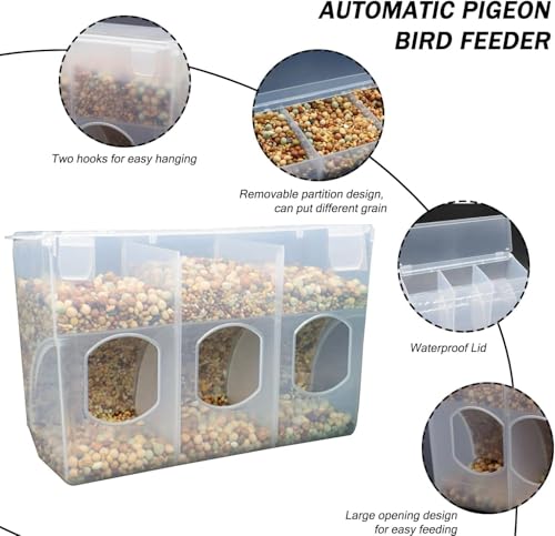 Automatic Pigeon Bird Feeder Water, Plastic Feeder Water Dispenser Drinkers for Cage, No Mess Hanging Parrot Food Feeding, Cage Accessories for Parakeet Quail Bird Chicken (3 Hole-Hook) - size: 3 Hole - Hook