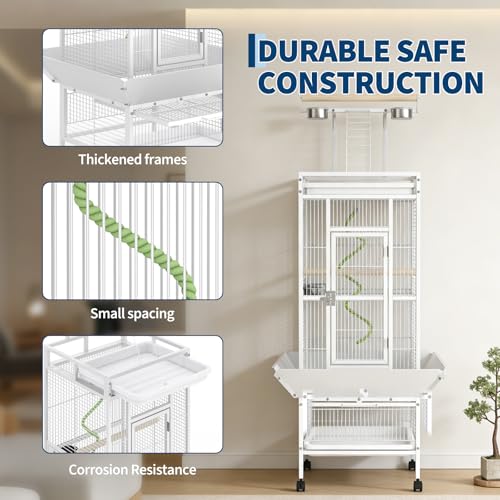Garvee 60in Large Bird Cage, Rolling Parakeet Cage with Play Top, Bird Rope Perche, Big Bird Cages for Parrots, Parakeets, Cockatiels, Conures-White