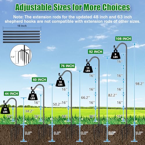 Adjustable Shepherd Hook Bird Feeder Pole with 7 Prongs Base, 108 Inch Tall 5/8 Inch Thick, Heavy Duty Outdoor Garden Poles for Hanging Bird Feeders, Plant Baskets, Black (2 Pack) - size: 108 Inch