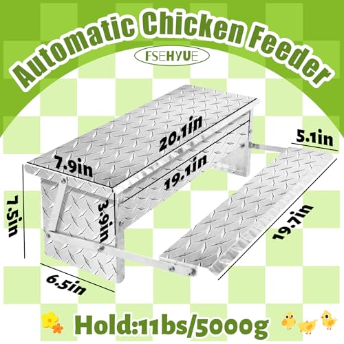 Treadle Chicken Feeder Automatic Large Poultry Feeders Capacity Treadle Self Opening Pou with Weatherproof Lid Rain Cover for Roosters Pheasant Chicken Outdoor Coop Silver Full Aluminum(11lbs/5000g) - size: 11LB Capacity