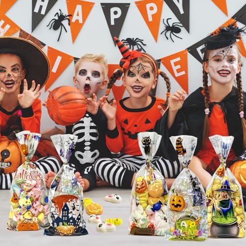 QOIUSO Halloween Cellophane Treat Bags: 54Pcs Clear Halloween Trick or Treat Goodie Bags with 60Pcs Twist for Candy Cookies Gifts Packaing, Kids Party Favor Bags (10.8 * 5.1in) - color: Halloween-54pcs