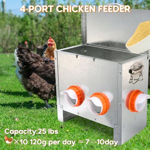 Automatic Chicken Feeder Large Capacity Metal Poultry Feeder 25lbs 4-Ports - color: 25lb with 4 Ports