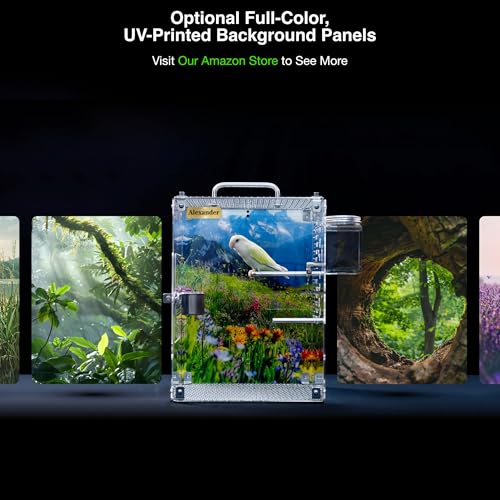 GuineaLoft™ Crystal Clear Custom Acrylic Bird Cage (Model-ET2) | Custom Sizes from Small to Extra Large w/ Optional Divider, Name Plate, UV Background, & Accessories - color: Model-ET2