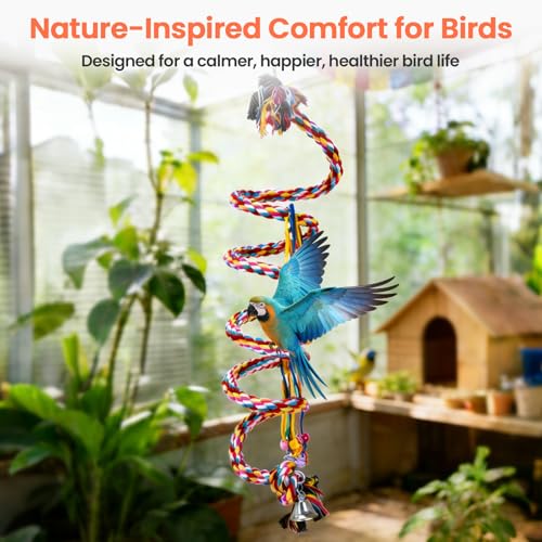 110" Ultra Long Bird Rope Perch Toys for Macaws. Heavy Duty Climbing Swing | For Cockatoos, African Greys, Amazons,Large Bird | Bell & Acrylic Enrichment Chewing Toys| 1''Thick Cotton Rope Spiral Play