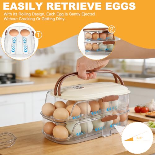 Egg Holder For Fridge, Egg Container for Refrigerator,Double Column | With Lid And Handle, BPA-Free Detachable Tray, Timer Tracker, Automatic Rolling for Kitchen, Outdoor - color: Double Column