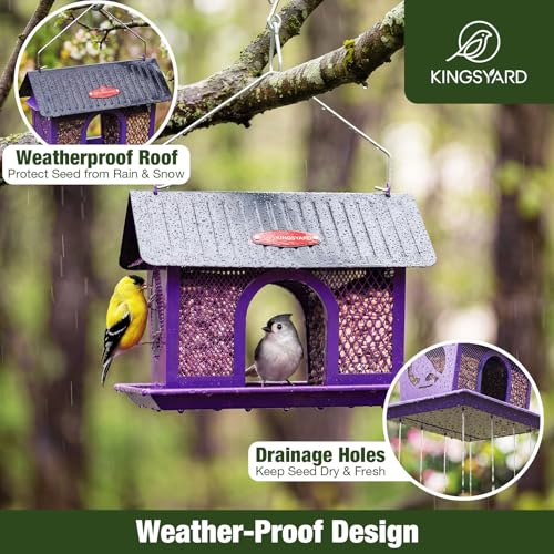 Kingsyard Wild Bird Feeder for Outdoors Hanging, All Metal | Dual-Use Mesh with 360° Feeding, Weatherproof Roof, 3 lb Seed Capacity, Garden Decor & Birding Gift, Purple - color: Purple