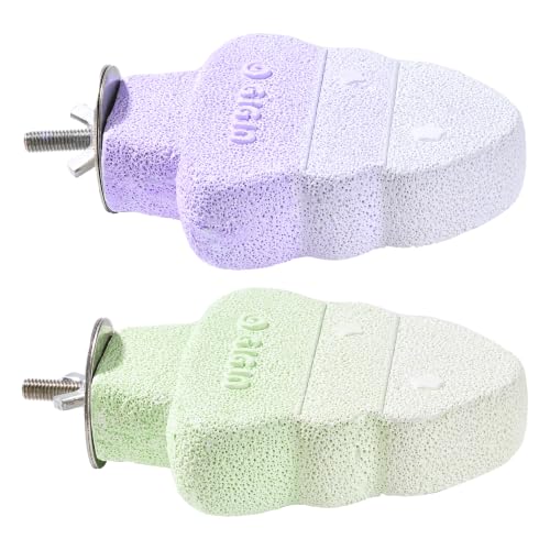 2 Pack Bird Beak Grinding Stone, Parrot Perch for Cage Volcanic Rock Mineral Bird Perch, Parrot Cage Accessories for Parakeets Budgies Cockatiels, Lovebirds Small to Medium Birds - color: Green+Purple
