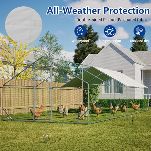 10' x 26' Large Metal Chicken Coop, Outdoor Heavy-Duty Chicken Run with Waterproof Oxford Cover & Secure Lockable Door, Walk-in All-Weather Poultry Cage for Hens, Ducks, Rabbits, Silver - color: Silver B, size: 120.0"L x 312.0"W x 312.0"H