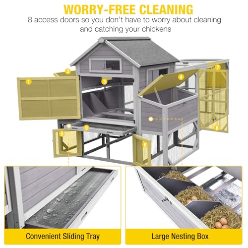 Aivituvin Extra Large Chicken Coop for 8-12 Chickens, Reinforced Outdoor Wooden Hen House with Run, 6 Nesting Boxes, Easy Clean Pull-Out Tray, Waterproof Asphalt Roof - Grey, 134.5"L x 33.5"W x 62.4"H - size: 134.5"L x 33.5"W x 62.4"H