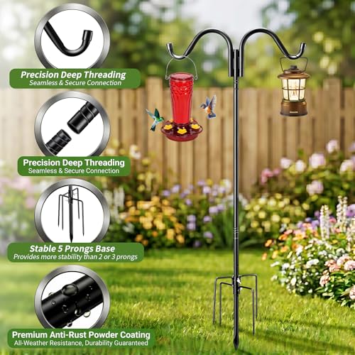 Garden Double Shepherds Hook 67 Inch Adjustable Bird Feeder Pole with 5 Prongs Base Heavy Duty Rustproof Shepards Hooks for Outdoor Hummingbird Feeder Stand, Solar Lights, Lanterns