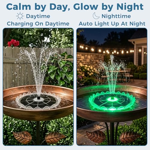6.3" Solar Bird Bath Fountain, Lotus Design with LED Lights | 3.7V 1500mAh Battery, 23 LED Lights, 7 Color Modes, 5 Adjustable Nozzles, 50-55cm Lift Height, Anti-Floating Poles