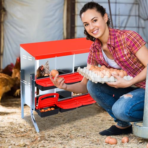 Chicken Nesting Box 10-Compartment – Roll Away Laying Boxes for Hens with Lid Cover & Egg Protection – Heavy Duty Red Poultry Nest Box - color: Red, size: 59.1"L x 23.6"W x 35.4"H