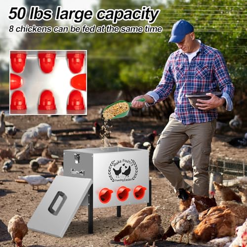 50LB Automatic Chicken Feeder Kit 8 Ports Large Metal Poultry Feeder Duck Chicken Coop Chick Feeder System Food Dispenser No Waste with Adjustable Legs Locking Lid Vegetable Hanging Bag Leg Rings