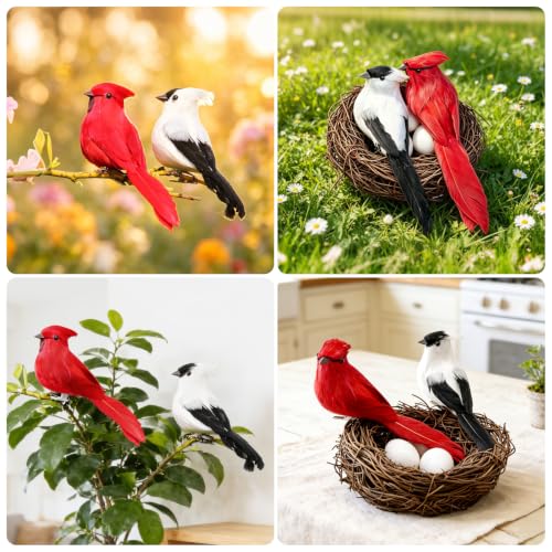 Artificial Red Cardinal Birds with Nest & Eggs - Real Feathers Clip On Mini Bird Figurines Realistic Ornaments for Christmas Tree Easter Wreath Garden Home Decor Crafts Gifts for Bird Lovers