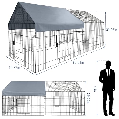 GarveeHome Large Metal Chicken Coop,86" L x 40" W Portable Chicken Run with Waterproof Cover, Chicken Coop Run, Outdoor Backyard Farm Poultry Fence Pet Playpen for Rabbit, Duck, Chinchillas