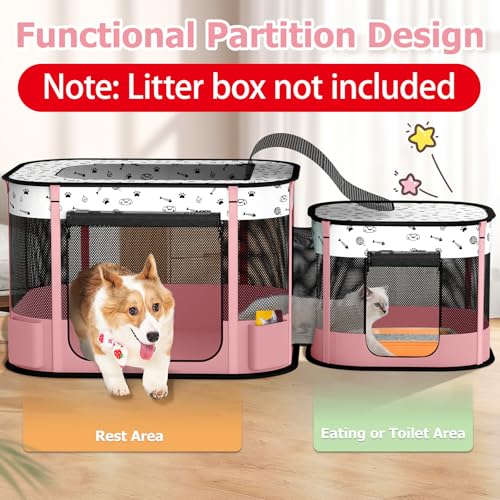 Portable Cat Playpen with litter box area, Foldable Pet Dog Playpen, for Kitten Puppy Play Pen Indoor/Outdoor, Cats Enclosure Cages Tent with Carrying Case, 600D Oxford 8-Rods, 32"x24"x22", Pink - color: Pink