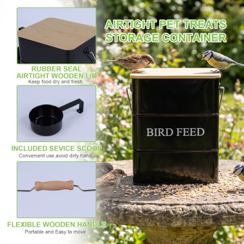 Metal Bird Seeds storage container,Outdoor Bird Container Canister, Pet Food Bin with Wooden Lid/Handle/Food scoop,hold 5-6 Lbs of Wild Bird Seed Sunflower Seed-Preventing Squirrels-Black - color: Black