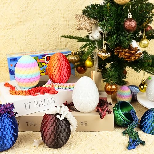 Impossmaker 8" 3D Printed Easter Dragon Eggs with 3D Printed Dragon Inside, Easter Basket Stuffers Mini Dragon Egg Set Articulated Crystal Dragon Fidget Toy for Adults Teens - style: 6P-S1