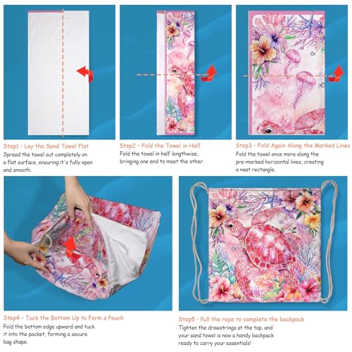 Sea Turtle Beach Towel Bag - Pink Multi-Functional Microfiber Beach Blanket Flower Printed Drawstring Bag for Travel - color: Summer Turtle Pink