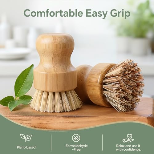 Bamboo Dish Brush Set, 4 Pack, Plastic-Free (2 Medium Sisal, 2 Firm Coconut Coir), Dish Scrubber & Vegetable Brush for Cast Iron, Nonstick