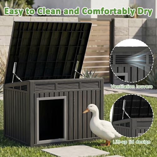 VIXZEN Chicken Coop, Resin PP Material Outdoor Duck House, Wood Grain Finish Sloped Roof Poultry Shelter, Gas Strut Top Opening Ventilated Duck Coop with Spacious Interior & Easy Assembly，Black - color: Black, size: 32.2"L x 25.1"W x 24.1"H