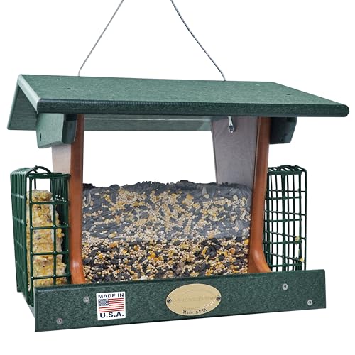 DutchCrafters Poly Hopper Bird Feeder with Suet Holder, Large Suet Feeder for Birds, Outdoor Hanging - Amish American Made (Turf Green & Cedar) - color: Turf Green & Cedar