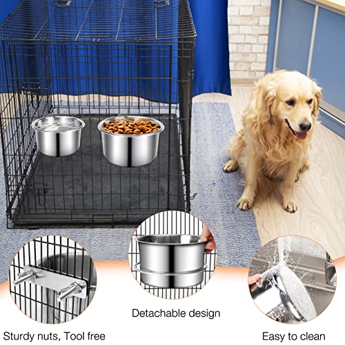 Crate Food and Water Bowl, ShineMe 2 Pack Stainless Steel Hanging Pet Bowls for Crates Kennels Cages, Metal Dog Crate Bowls Hanging No Spill for Medium and Large Pets (7.1 * 3.5” & 5.5 * 3.2”) - color: Silver (60oz+30oz)