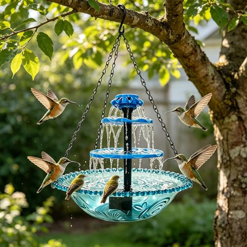 3-Tier Solar Powered Hanging Bird Bath Fountain Cascading Water Feeder for Hummingbirds Wild Birds[16.4FT/Extra Long Cord] for Outdoor,Garden, Patio Decor