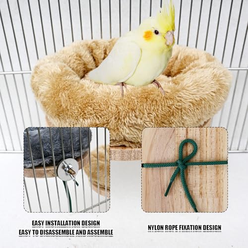 Bird Nest,1Pc Detachable Plush Parrot Hammock Bed,Winter Warm Bird House Snuggle Hut Birds Sleeping Bed Wood Perch for Budgies Cockatiel Conure Parakeet Hamster (Brown, Small) - color: Brown, size: Small