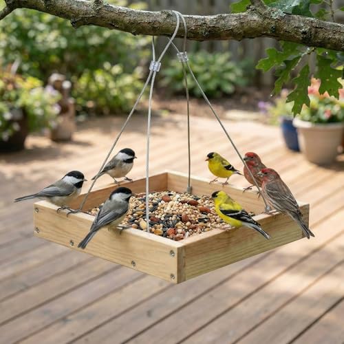Lightweight Wooden Platform Bird Feeder with Drainage Tray | Wooden feeder keeps seeds fresh, lightweight 0.55LB tray design, attracts cardinals, woodpeckers and wild birds.