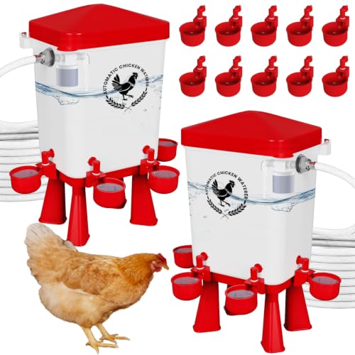 2 Pack 3 Gallon Automatic Chicken Waterer with Float Valve, Poultry Waterer with 10 Chicken Water Cups, 5 FT Water Pipe, Chicken Water Feeder for Coop, Ducks, Hens, Farm, Backyard(Red) - color: Red, size: Auto-2pcs