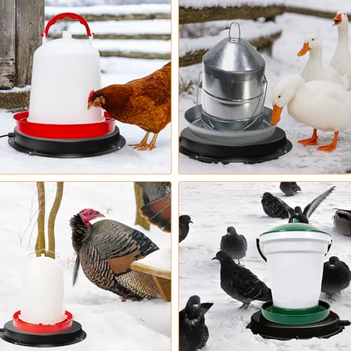 Chicken Water Heater for Winter, 11'' Heated Waterer Base for 1-5 Gallon Metal/Plastic Poultry Waterer, Built-in Thermostat (77℉ Auto Shut-Off), 110W Coop Heater with 6.6ft Power Cord