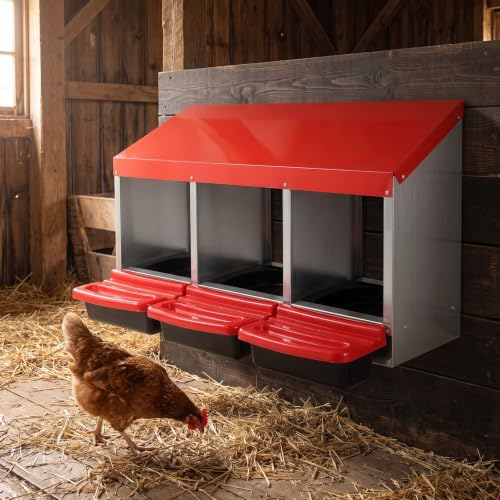 Chicken Nesting Box, Roll Out Metal Chicken Nest Box with Egg Tray, 3 Compartment Hen Nesting Box for Laying Hens, Easy Egg Collection, Red - color: Red-6, size: 3 Holes