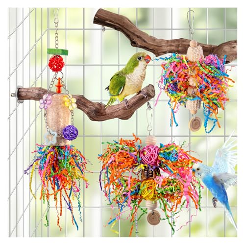 Bird Toys, Parakeet Foraging Toys, Hanging Chewing Toys with Natural Wooden Perches, Bird Cage Accessories, Suitable for Parakeets, Cockatiels, Budgies, Lovebirds & More - color: 5 pieces loofah