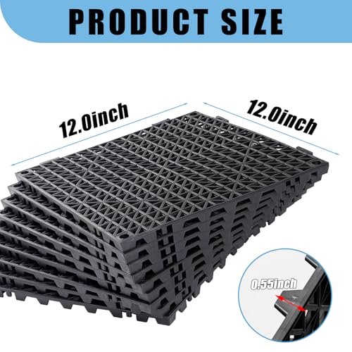 12” x 12” Drainage Interlocking Floor Mats 8 Pack for Outdoor and Indoor | Non-Slip Pool Deck Drain Mats Soft PVC Splicing Modular Cushion Rubber Flooring Tiles with Holes for Basement Garage Shed - size: Black