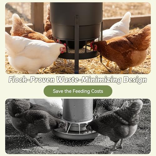 KOL Chicken Feeder No Waste for Coop & Outdoors, 16 Port 50lbs Poultry Feeder with Spill-Control Design, Rust-Proof Powder Coated Metal & Smooth Safe Edges (Black) - color: Black