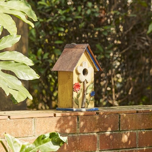 Glitzhome Bird Houses for Outside, 10.25" Wooden Bird House Hanging Birdhouse Distressed Flower Garden Bluebird House for Outdoor, Bird Nest Box for Bluebird Wren Chickadee Sparrow - color: 10.25"H Flower Washed Yellow