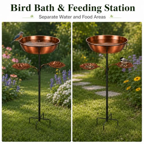 Metal Bird Bath and Feeder for Outdoors, 36.8 Inch, Removable 12 Inch Bowl | 12 inch removable bowl, dual leaf feeder trays, 36.8 and 28.5 inch height options, five-point ground support base
