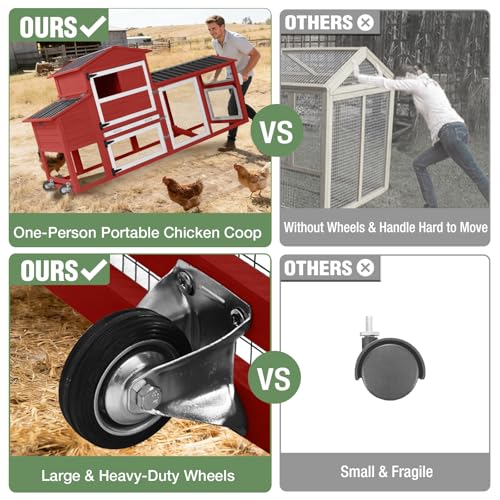 Mobile Chicken Coop with Wheels for 4-6 Chickens, Large Outdoor Hen House with Run, Weatherproof Roof, Sectionable Nesting Box, Pull-Out Tray, 83.3" L x 26" W x 42" H - Red - size: 83.3"L x 26.0"W x 42.0"H