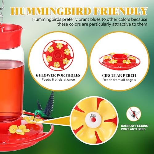 Plastic Hummingbird Feeders 2 Pack 20oz, Wide Mouth, Easy Clean | 6 Feeding Ports, Easy Fill, Ant Moat, Bee Proof and Leak-Proof, Clear Bottle, Weatherproof Hook, For Yard Deck Patio