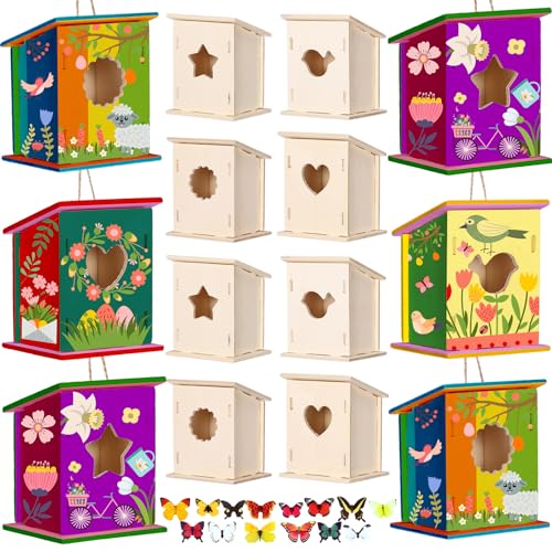 Outus 24 Pcs Wooden DIY Birdhouse Kits for Kids to Build, 4 Shapes Birdhouse Kit Wooden Unfinished with Butterfly Sticker for Boy Girl Arts Crafts(Classic)