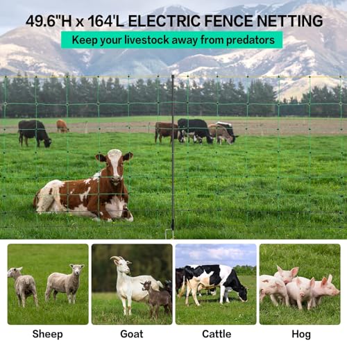 Electric Poultry Netting, 49.6" H x 164' L, Electric Chicken Fence with 14 Posts Double Spiked, Utility Portable Mesh for Chickens Sheep Hogs Goats Deer Dogs Lambs Used in Backyards Farms Ranches