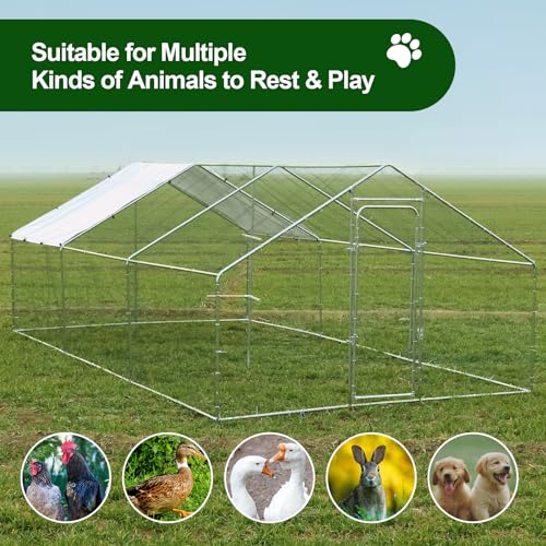 Chicken Coop Large Metal Chicken Run with Chicken Perch, Outdoor Dog Kennel with Roof Waterproof Anti-UV Cover Secure Lock for Outside Backyard Farm (19.7' L x 9.8' W x 6.72' H) - size: 236.2"L x 118.1"W x 78.7"H